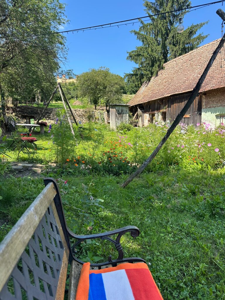 Curtea verde unde se află Cafeneaua Green Coffee House Saschiz, cu Cetatatea Țărănească Saschiz pe deal